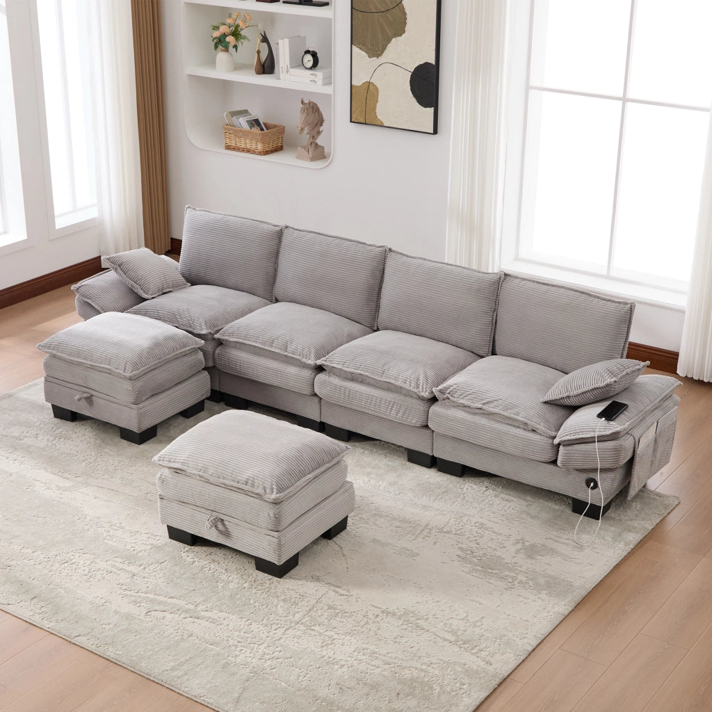 SOFA 4 POSTI in corduroy 330x132x84 cm grigio chiaro con 2 hocker