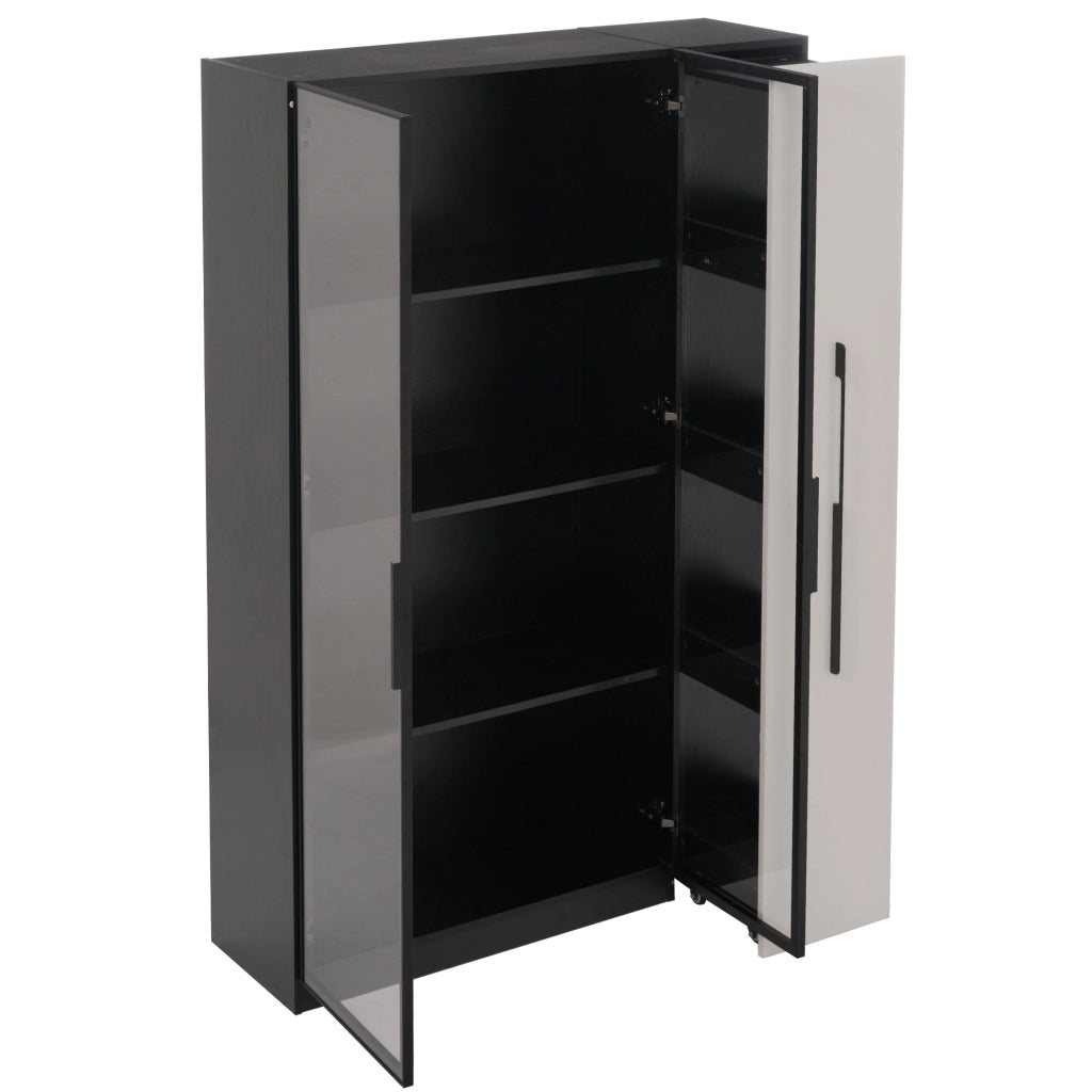 Multifunzione armadio alto 110,5×35×160 cm con vetrina in vetro, LED e ripiano estraibile laterale