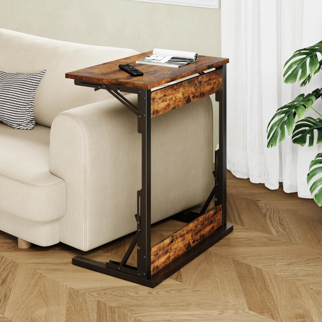Tavolino basso a C pieghevole con struttura in metallo piano effetto legno per soggiorno e camera 60 × 37 × 71 cm