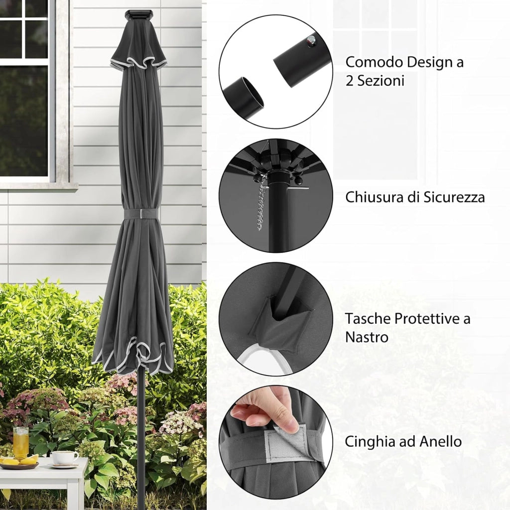 Ombrellone da Giardino 300 cm, con 24 Luci LED Solari, Inclinazione Regolabile, Manovella, 8 Stecche, Anti-UV, Top Ventilato, Idrorepellente, Giardino Piscina Patio (Grigio)