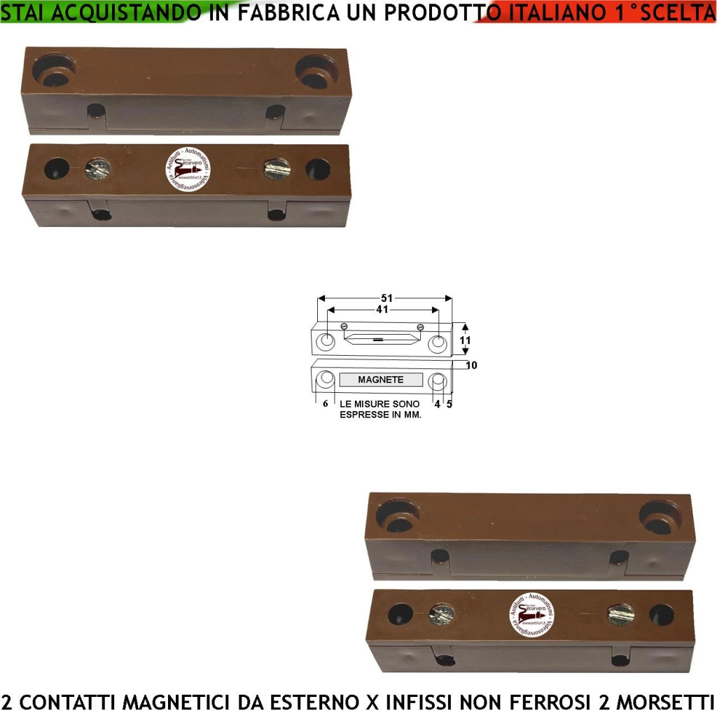 Protezione Porte Contatto Magnetico da Esterno Due Pezzi Sensore Allarme Reed Uscita NC Sensibilità Magnetica 13 mm Tensione Transito Max 30 V 0,5 A Carico Resistivo 2 Morsetti Cover ABS Marrone IP40