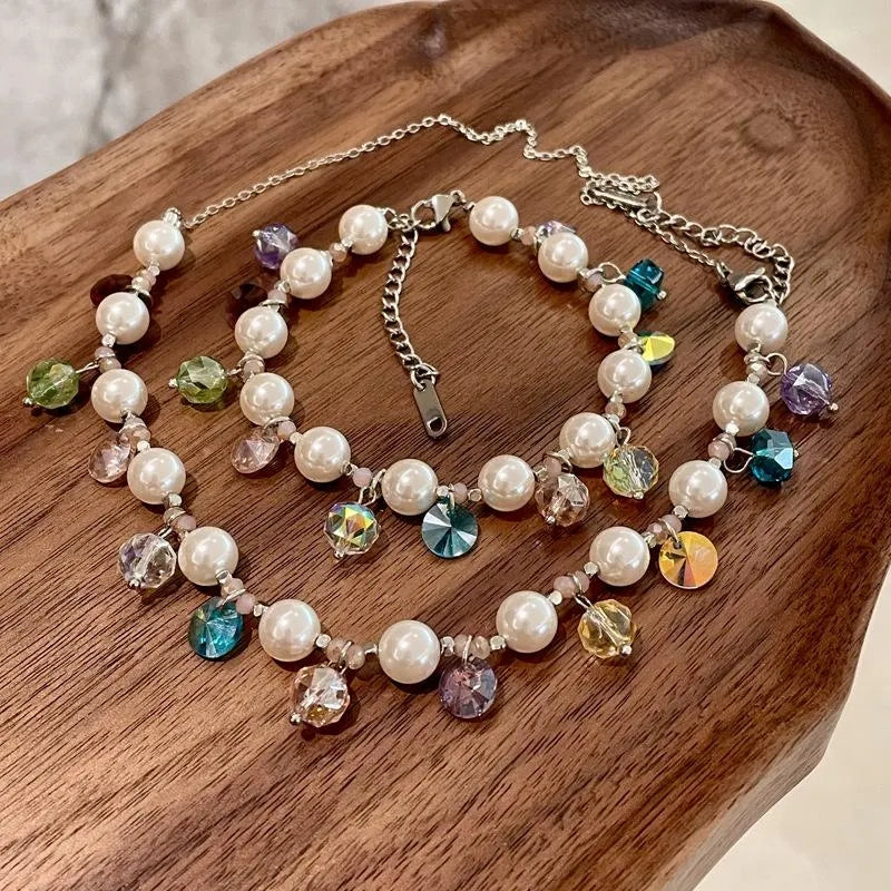 Collana e bracciale fatti a mano con perline colorate, cristalli e perle, regalo di Natale o di compleanno.