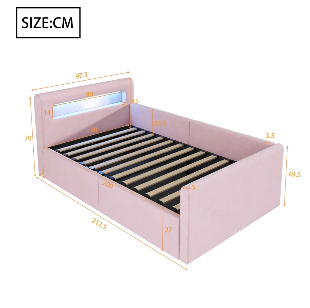 Letto imbottito per bambini 90x200 cm con LED; USB; contenitore idraulico; velluto rosa