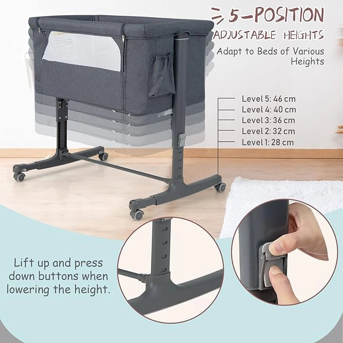 Culla Neonato Fianco Letto 3 in 1, Lettino Dondolo Neonati con Materasso, Culla da Campeggio con Ruote e Borsa, Regolabile In Altezza, Inclinazione di 10°, per Bambini 0-6 Mesi (Grigio Scuro)