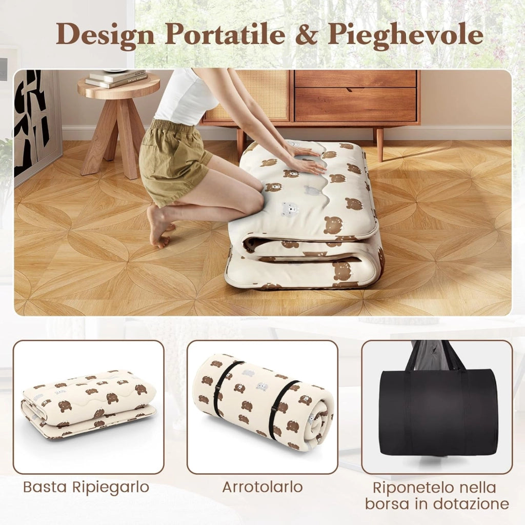 Materasso Futon Pieghevole, Materasso Portatile con Sacca da Trasporto per Camping, Materasso da Terra con Copertura Lavabile (200 x 90 cm, Marrone)