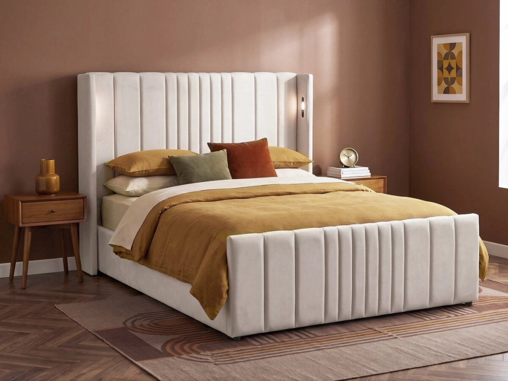 Letto matrimoniale con contenitore in tessuto e lampade integrate "Verbier" - 140 x 190 cm - Beige