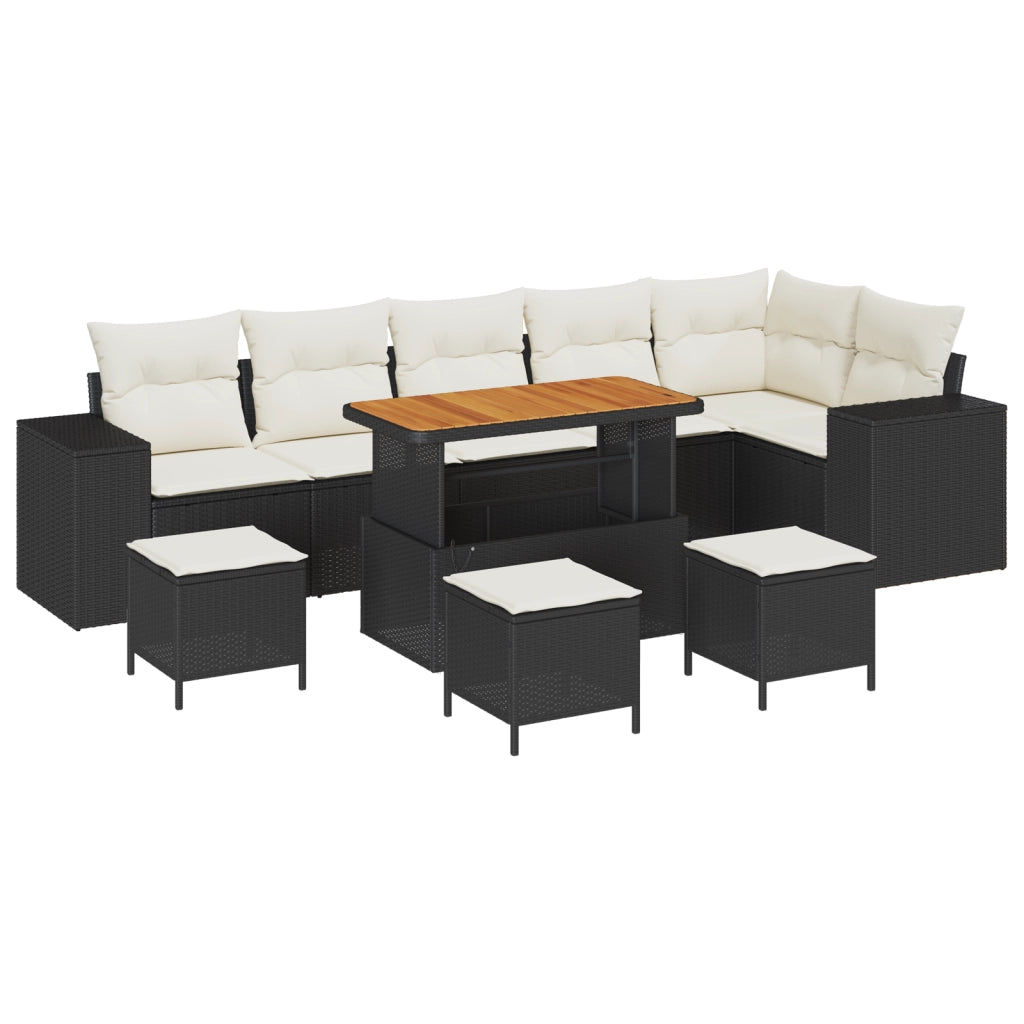 Set di divani da giardino  10 pezzi con cuscini in polyrattan nero e acacia
