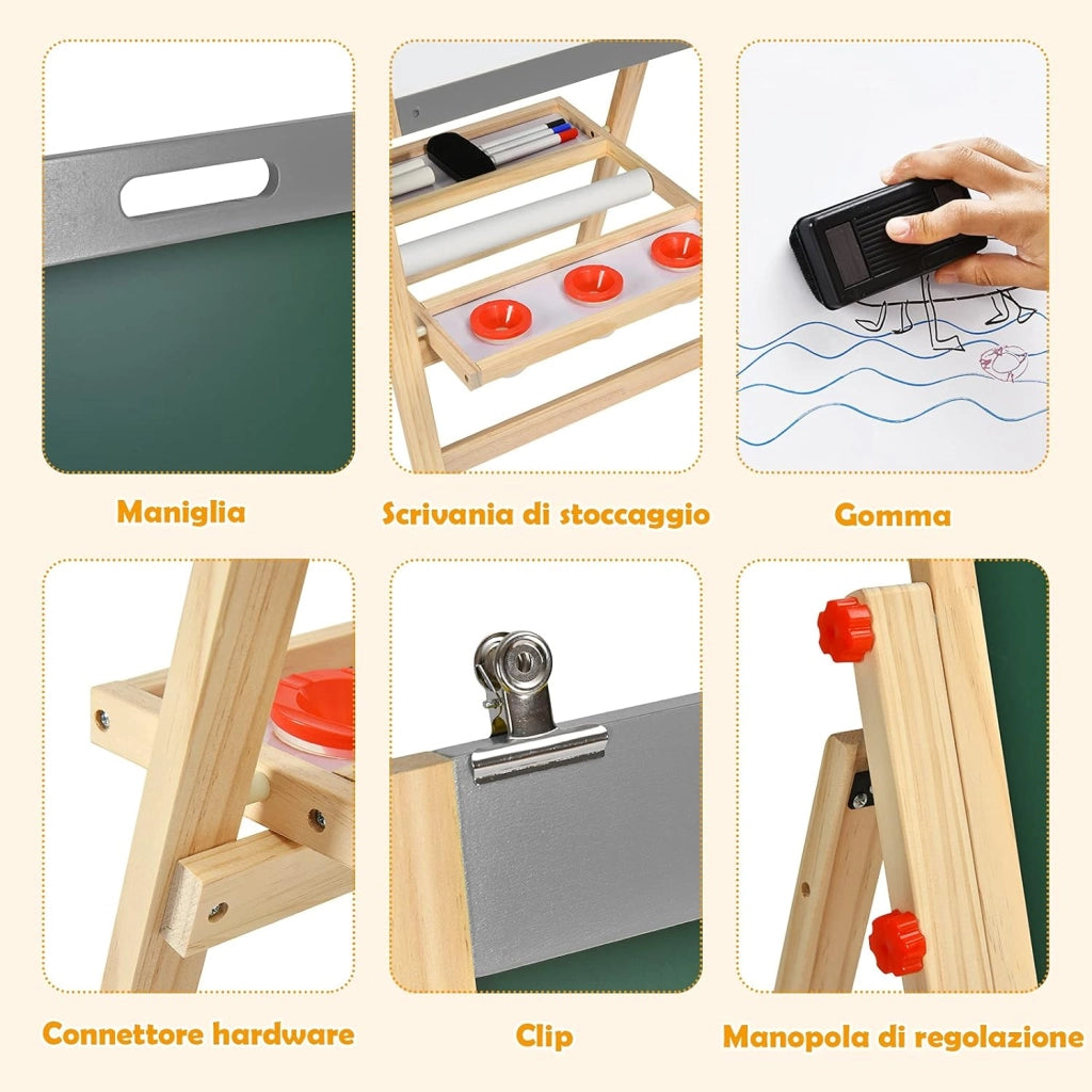 Cavalletto 3 in 1 Pieghevole per Bambini, Cavalletto Artistico di Legno con Altezza Regolabile, con Doppia Lavagna e Vassoio (Grigio)