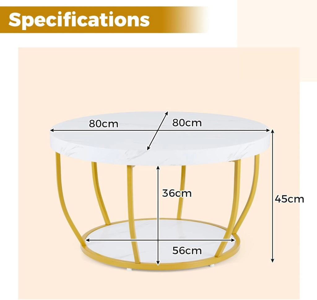 Tavolino rotondo a 2 ripiani, 80 x 80 x 45 cm, tavolo da soggiorno con effetto legno e struttura in metallo, elegante comodino per camera da letto, ufficio (bianco)
