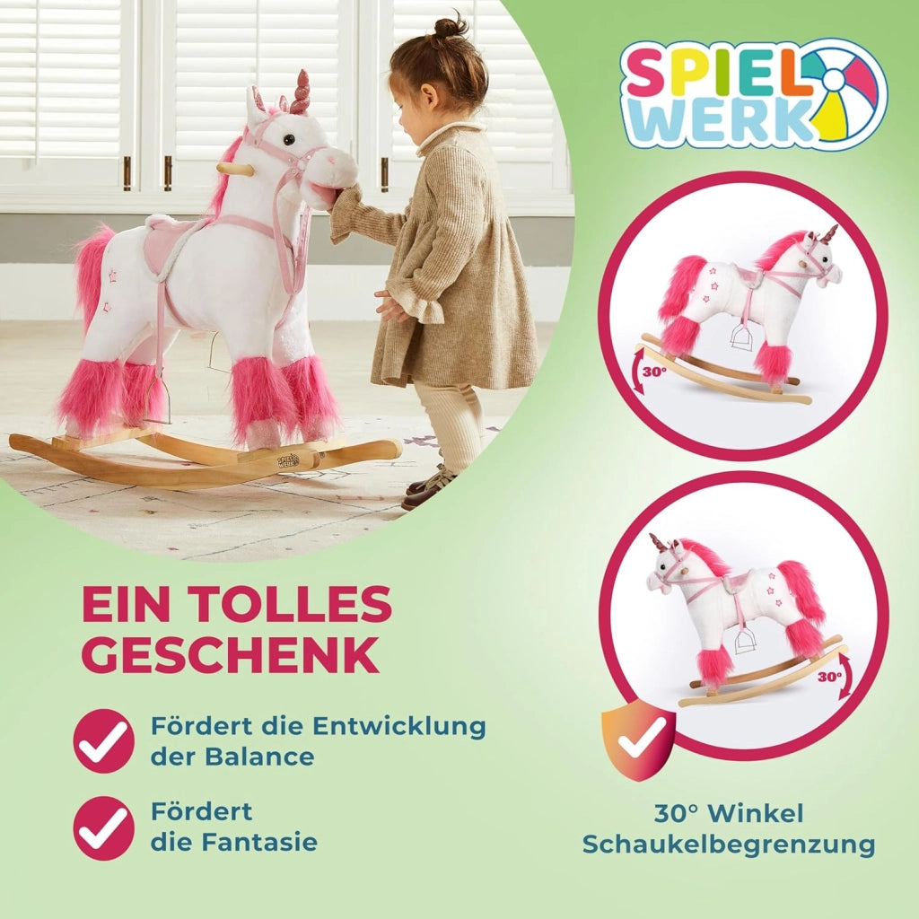 DEUBA® Unicorno Peluche a Dondolo in Legno con Suoni Animale a dondolo Giochi Infanzia Gioco Bambini Giocattolo Regalo