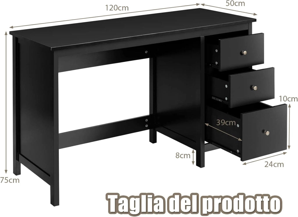 Scrivania per Computer con 3 Cassetti, Scrivania Salvaspazio con Dispositivo Antiribaltamento, Postazione di Lavoro Multifunzionale per Casa e Ufficio, 120 x 50 x 75 cm (Nero)