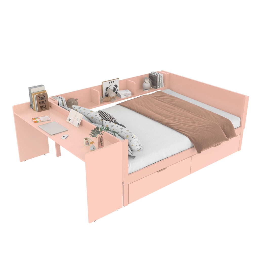 Letto basso con scrivania in pino e truciolare 140x200 cm