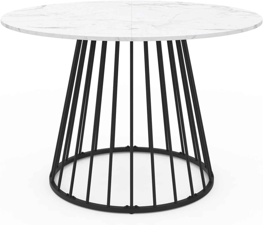 Tavolo da pranzo rotondo YUNA 6 persone con piano in marmo bianco ALASKA e gamba in filo metallico nero 110 cm