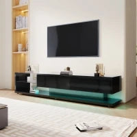 Mobile TV Moderno con 2 Cassetti e 2 Ripiani in Vetro, Illuminazione a LED, 170x36x38 cm, Nero