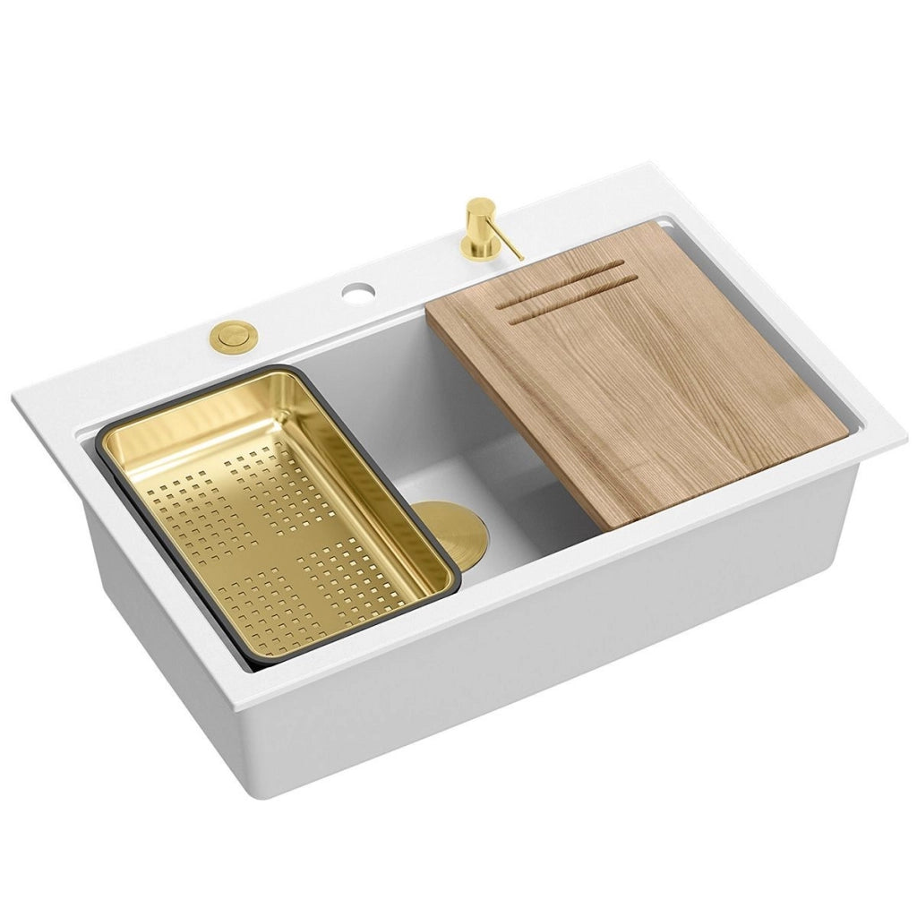 Lavello In Granito Marc 110 Workstation White Tappo oro