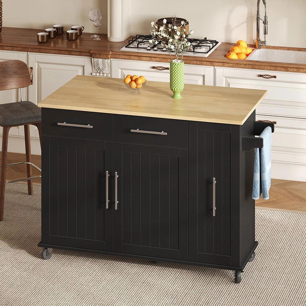 Isola cucina con ribalta - Xylo - Carrello scorrevole 3 livelli, 2 cassetti, porta-asciugamani, nero