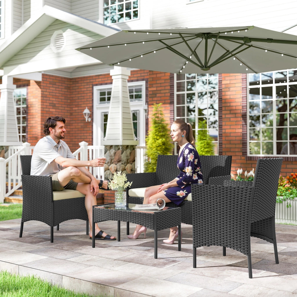 Set Divano Giardino in Polyrattan con Tavolino Vetro e Cuscini ¨C Zephmum ¨C Nero e Crema