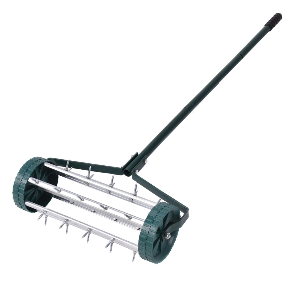 Rastrello aeratore da giardino in acciaio e plastica, Arieggiatore da prato con ruote e manico 45x21x126cm-Attrezzi da giardino