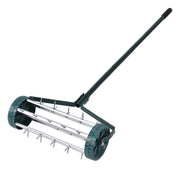 Rastrello aeratore da giardino in acciaio e plastica, Arieggiatore da prato con ruote e manico 45x21x126cm-Attrezzi da giardino