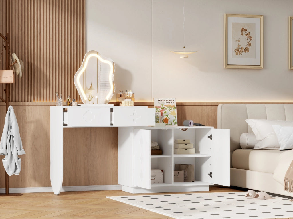 Tavolo da toeletta con specchio LED; temperatura luce regolabile 3 livelli; 2 cassetti e mobiletto con 4 scomparti; Bianco; 160×40×132cm