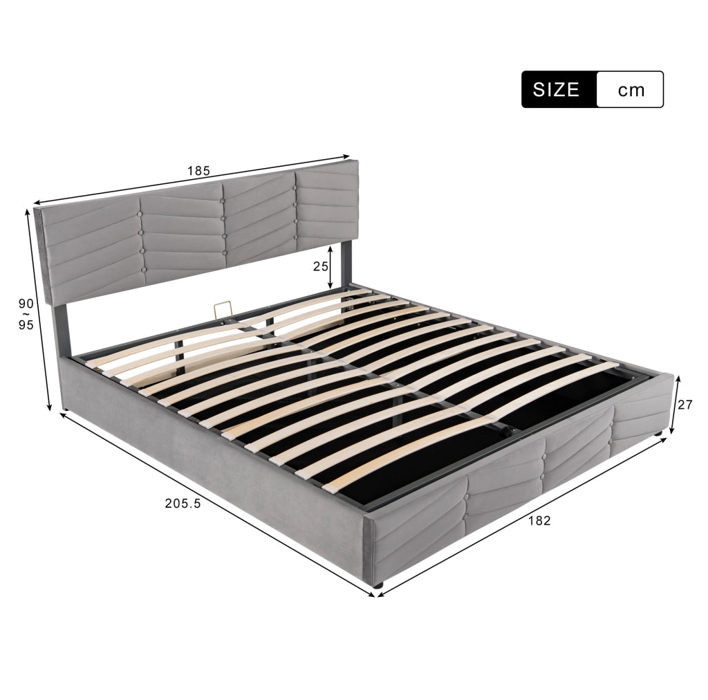 Letto imbottito in velluto grigio 180x200 cm con contenitore e testiera regolabile