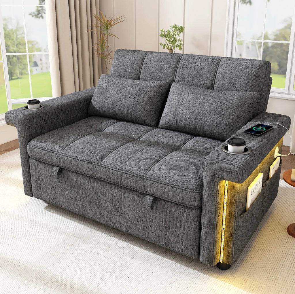 Divano letto 2 posti con LED; USB e Type-C; schienale regolabile; ciniglia grigio