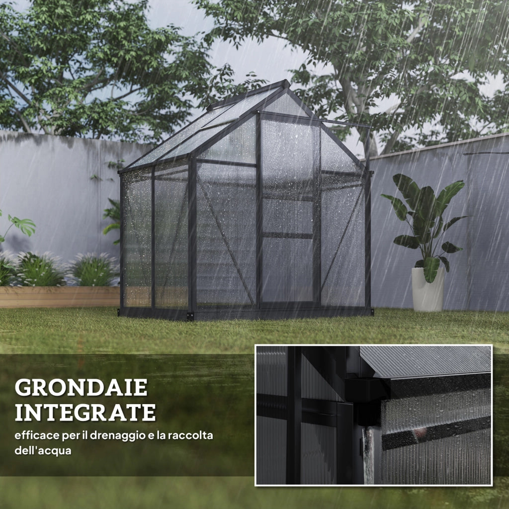 Serra da Giardino 190x132x201 cm con Porta Scorrevole e Finestra in Policarbonato e Alluminio Grigio