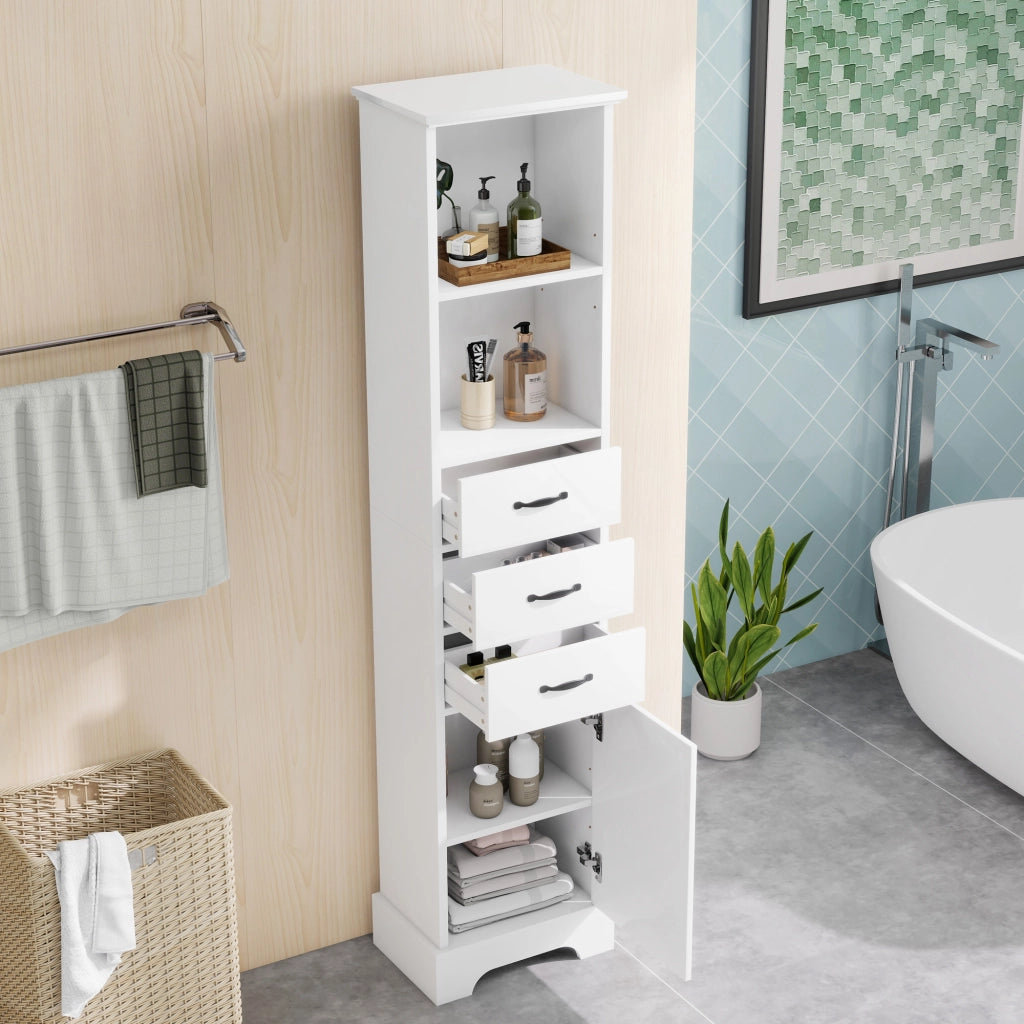 Armadietto da bagno con 3 cassetti, vani aperti e ripiano regolabile in MDF laccato, bianco, 38 × 26 × 172,5 cm