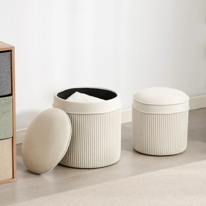 Pouf contenitore 2 pezzi con coperchio e spazio nascosto in poliestere bianco crema
