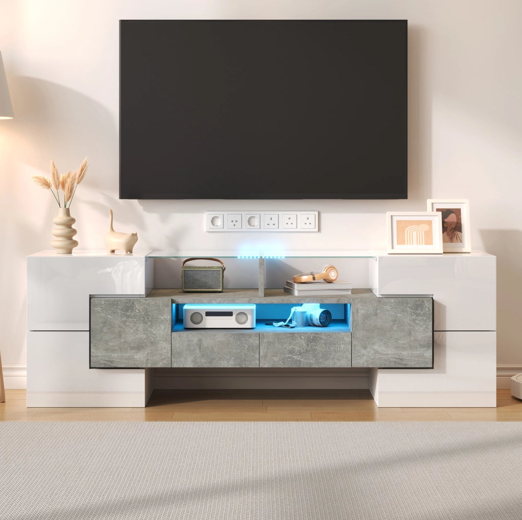 Mobile TV 145x30x51 cm con LED multicolore; 6 ante e 2 cassetti; bianco