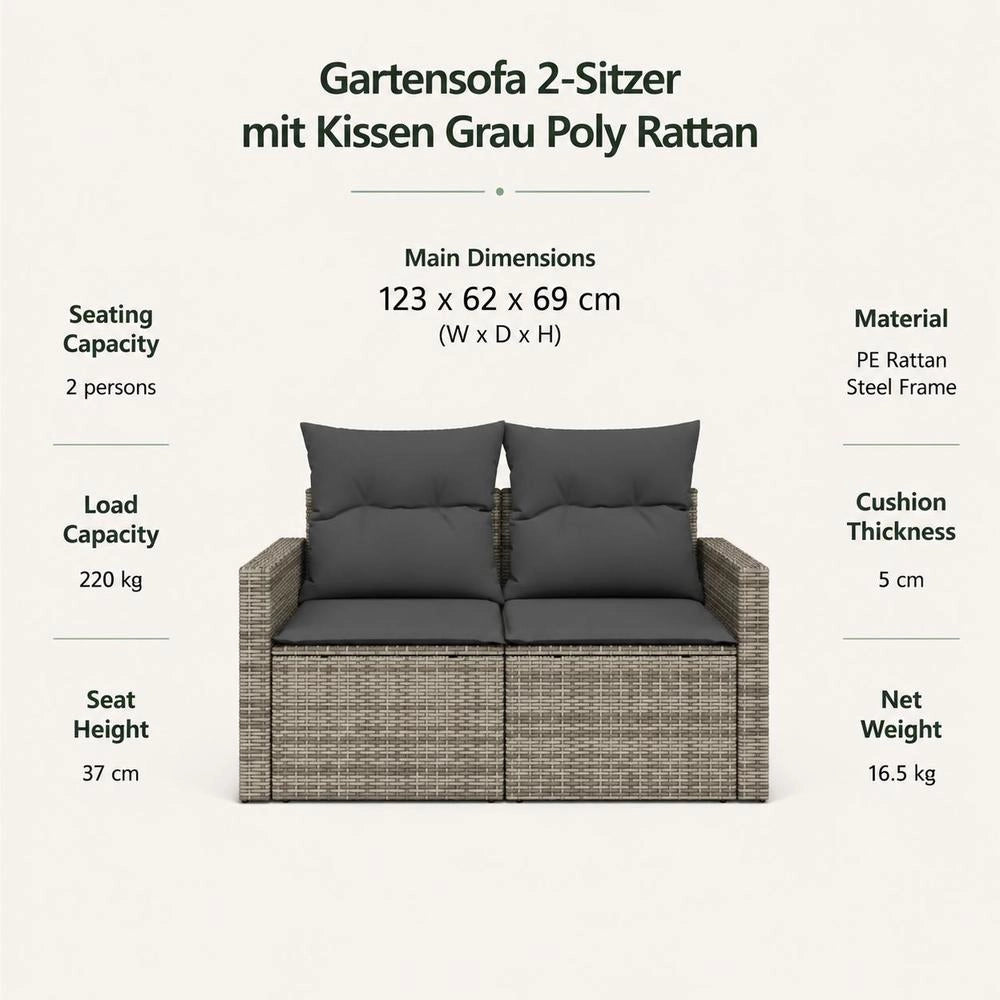 2-seater Garden Sofa With Cushions, Grey Poly Rattan