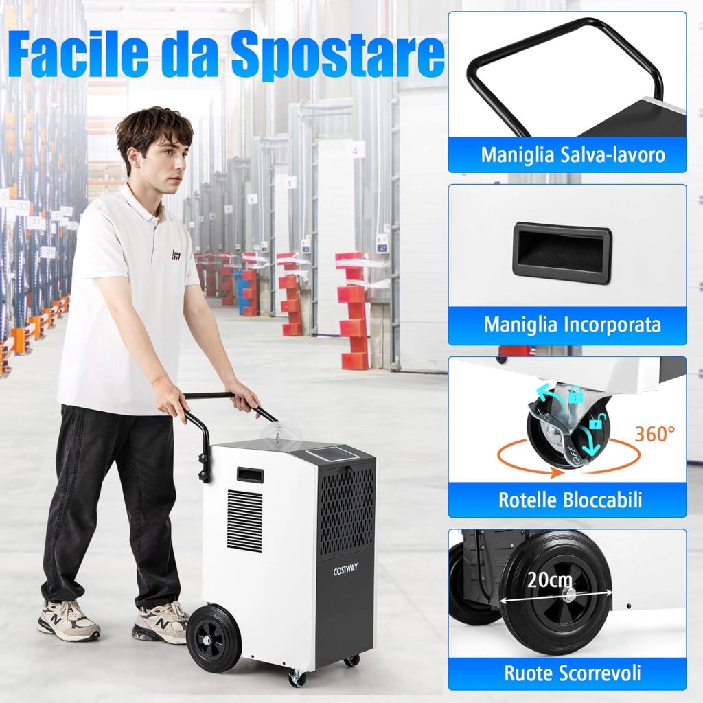 Deumidificatore Casa, Deumidificatore Elettrico con Tubo di Scarico e Timer, Portatile con Ruote per Cantina, Magazzino, Fabbrica e Grandi Spazi fino a 695 m³ (Bianco)