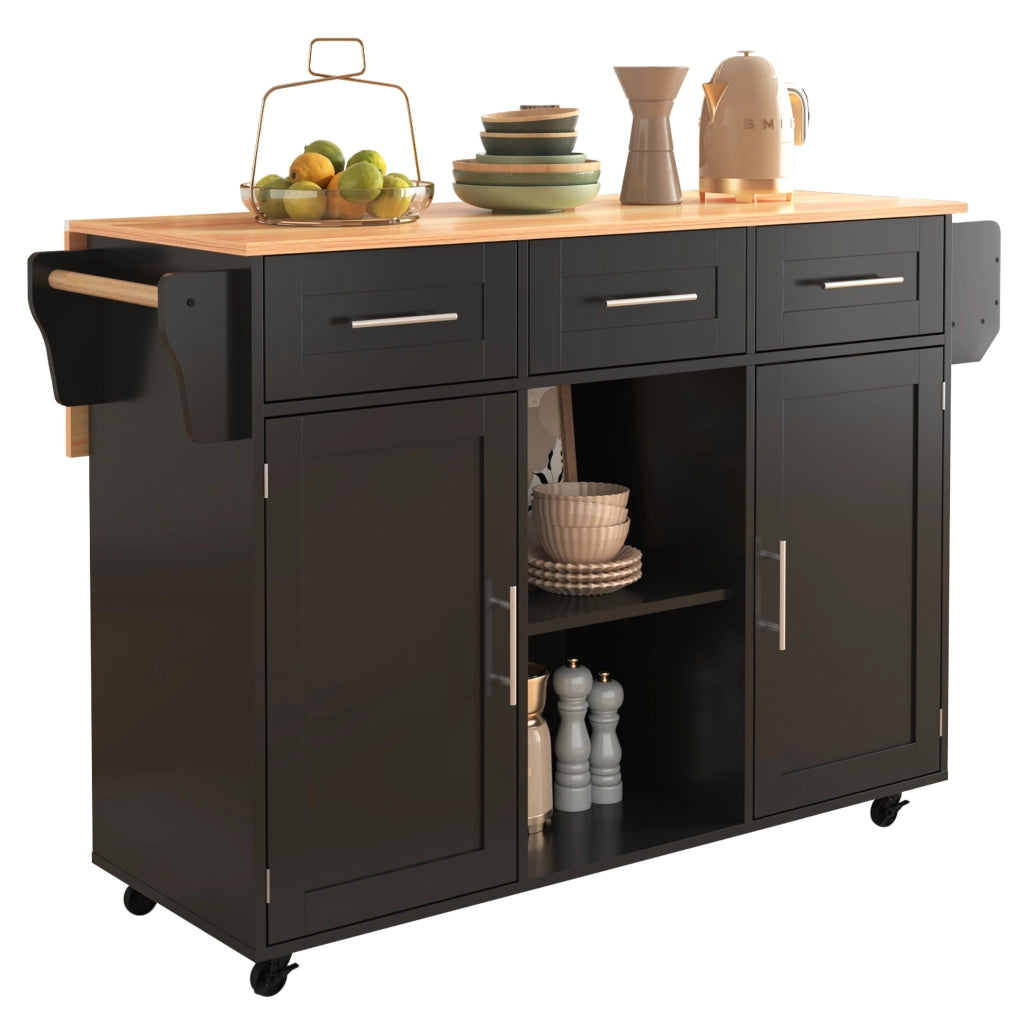 Carrello da cucina multifunzionale con piano ribaltabile 139x46(71)x91;5 cm; nero e naturale