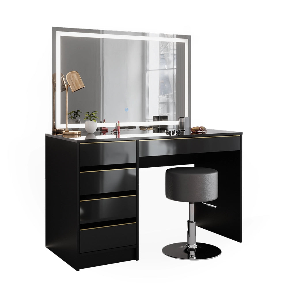 Vicco Tavolino da toilette Nero/oro 120 cm con specchio LED e sgabello