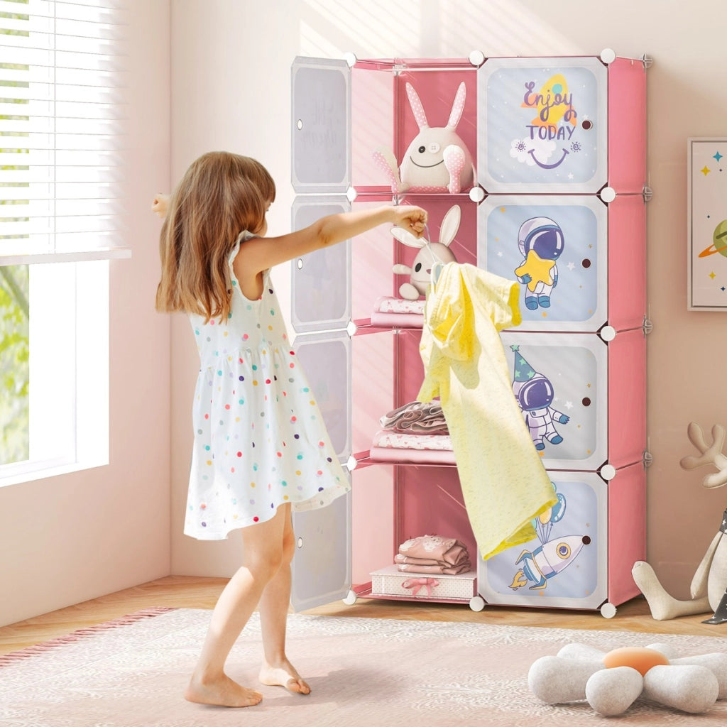 Armadio per bambini a 8 cubi con ante e sezione appendiabiti-Scaffale modulare carino per sala giochi e camera da letto Rosa