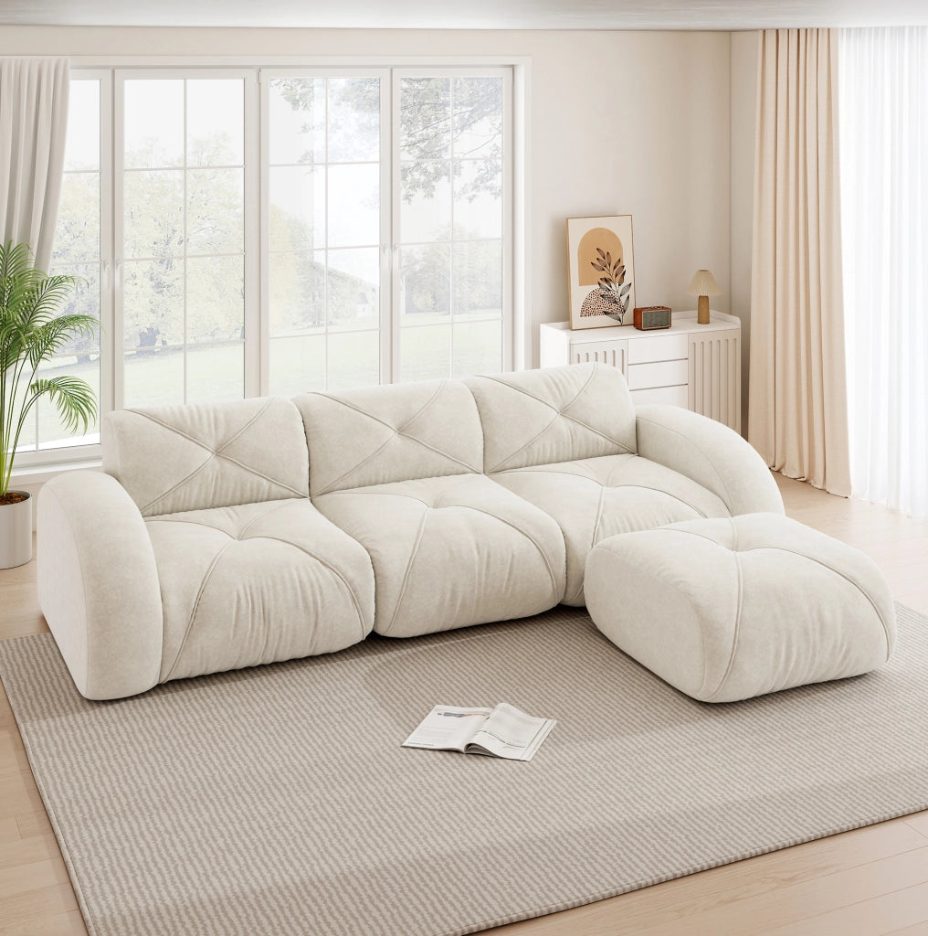 Divano modulare 3 posti con pouf in ciniglia beige chiaro HOMVRA