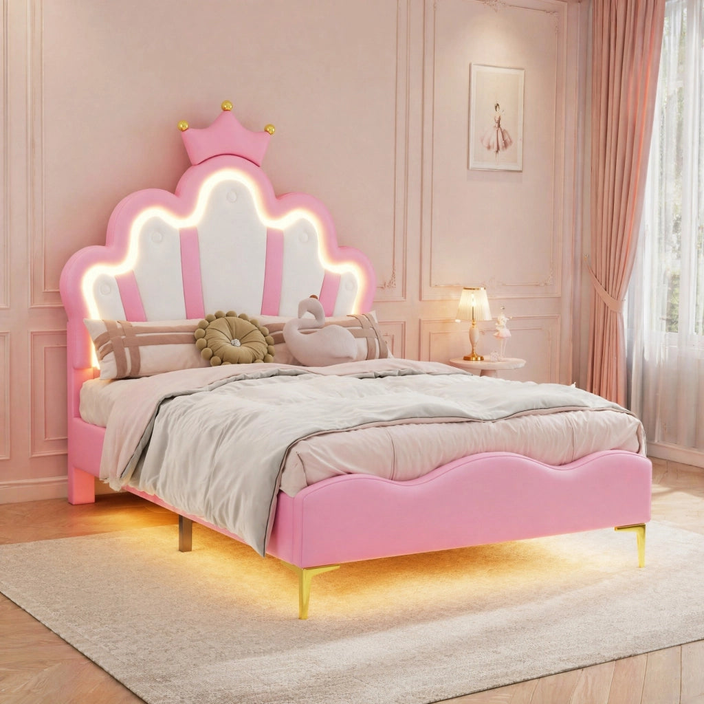 LETTO 90x200 cm Rosa in PU con LED, testiera a forma di nuvola e corona