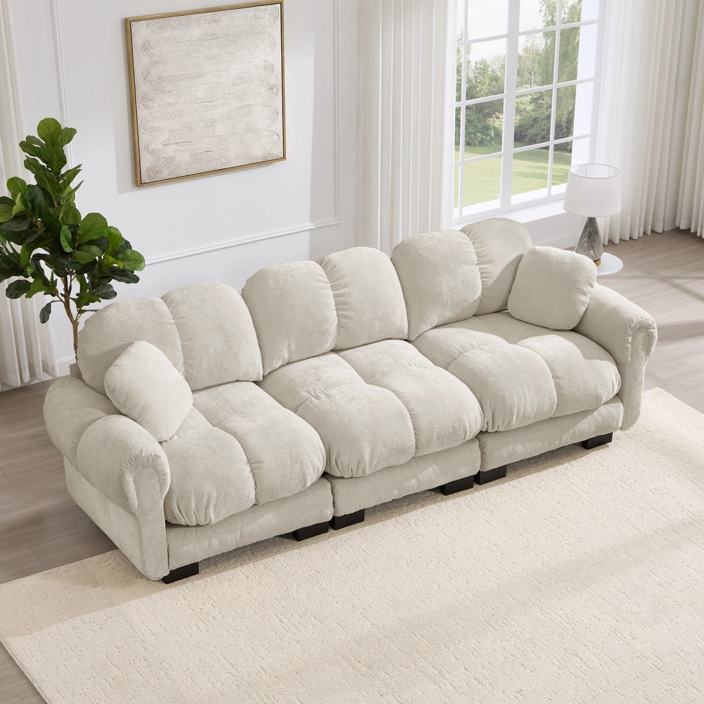 Divano modulare con cuciture trapuntate e cuscini spessi per soggiorno in chenille grigio chiaro 260 × 86 × 90 cm