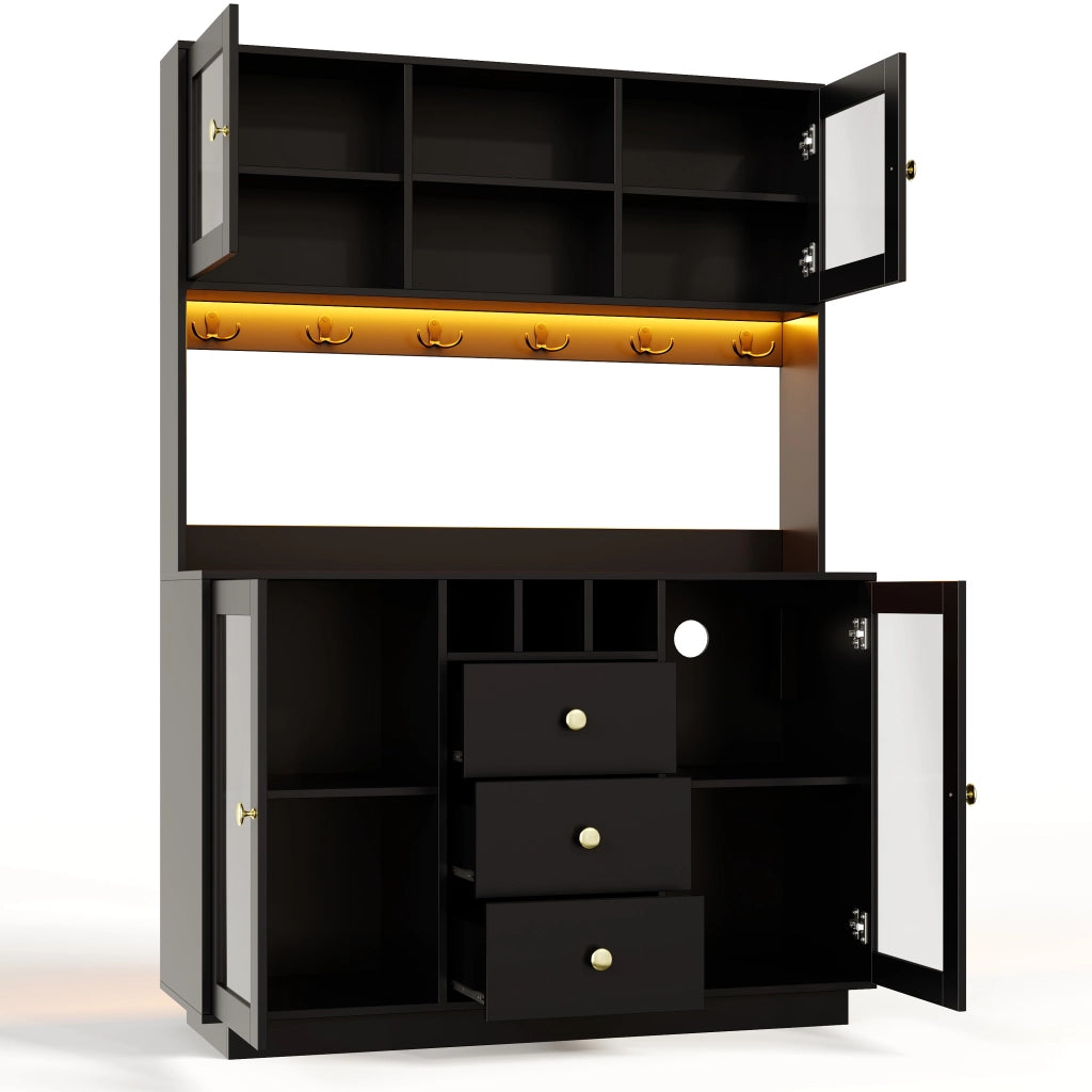 Credenza alta da cucina con LED RGB e prese; 120x40x170 cm; nera in MDF