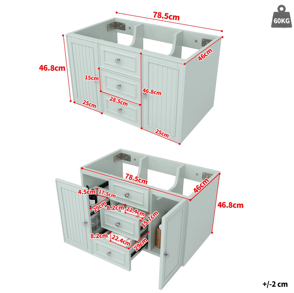 Mobile bagno sospeso verde con 3 cassetti, MDF, 78,5×46×46,8 cm