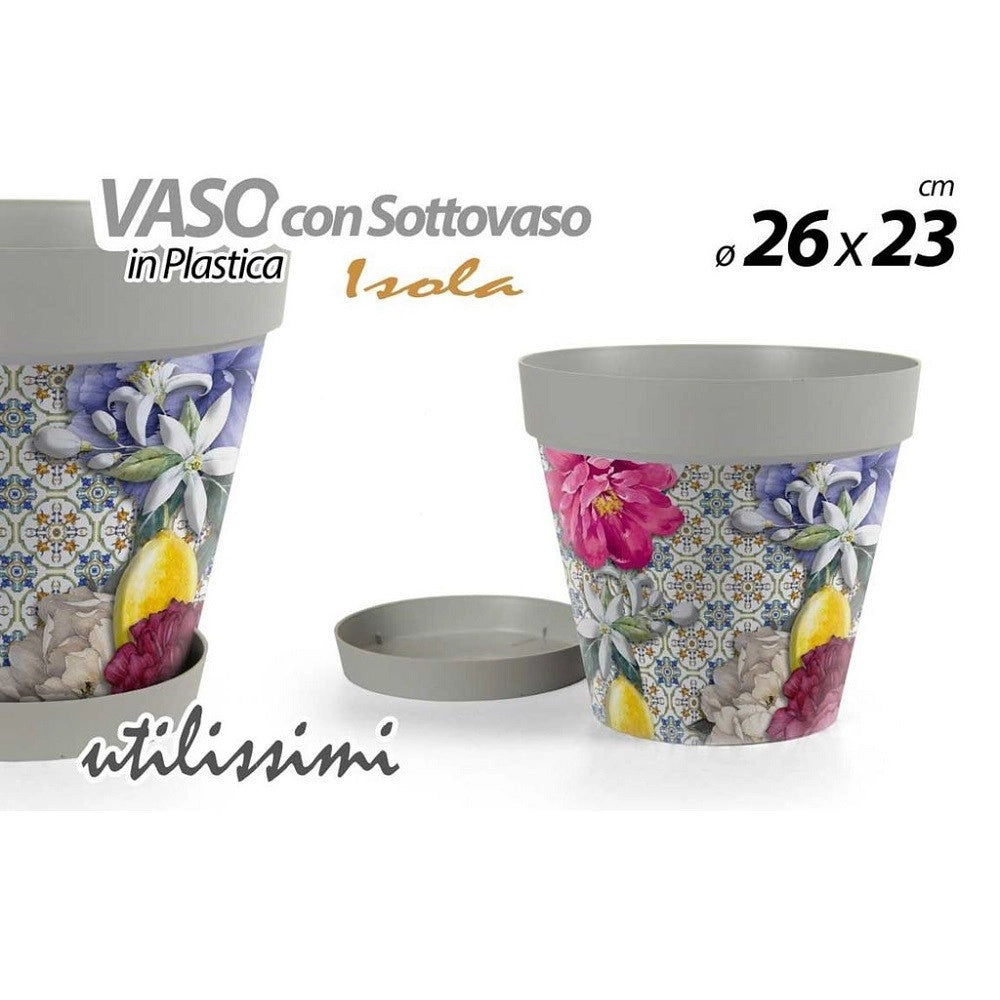 Trade Shop - Vaso Giardino Con Sottovaso In Plastica Decoro Isola 26x23cm Piante Fiori 845376 -