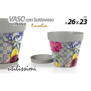 Trade Shop - Vaso Giardino Con Sottovaso In Plastica Decoro Isola 26x23cm Piante Fiori 845376 -