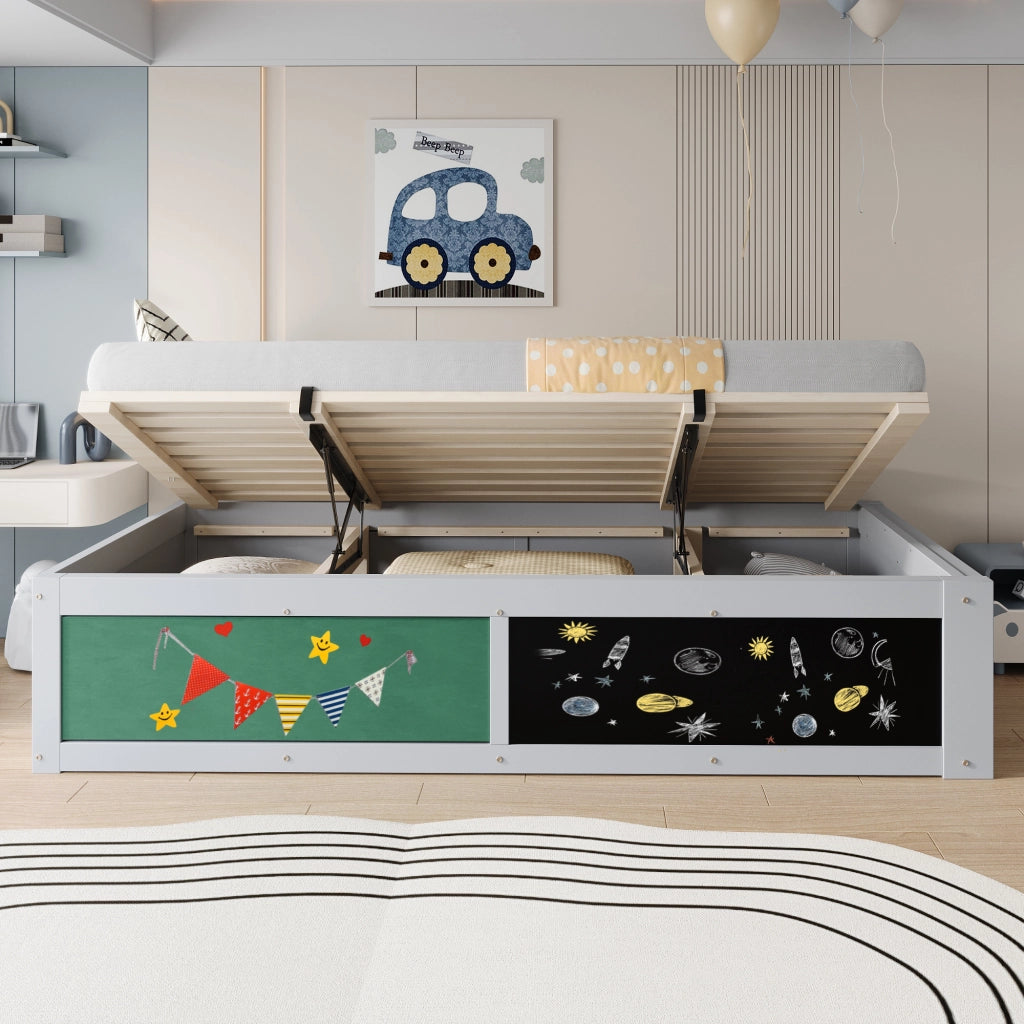Letto Singolo in Legno 90x200 cm per Bambini Grigio con Contenitore Idraulico e Lavagna