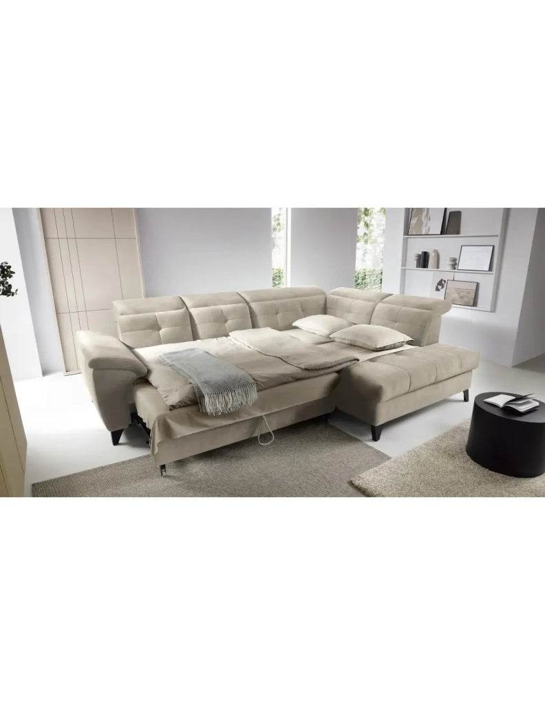 Divano ad angolo Beige 5 posti angolo destro con letto ampio INFERNO