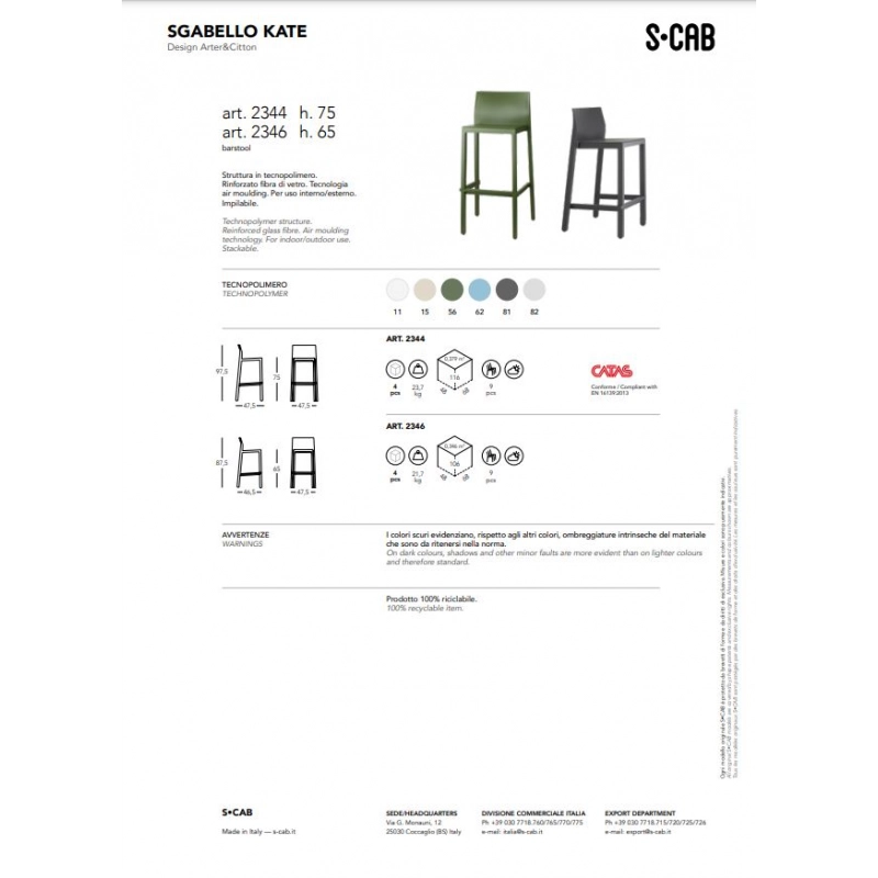 SET 4 SGABELLI KATE TECNOPOLIMERO HT 75CM MADE IN ITALY SCAB DESIGN - Grigio chiaro 82