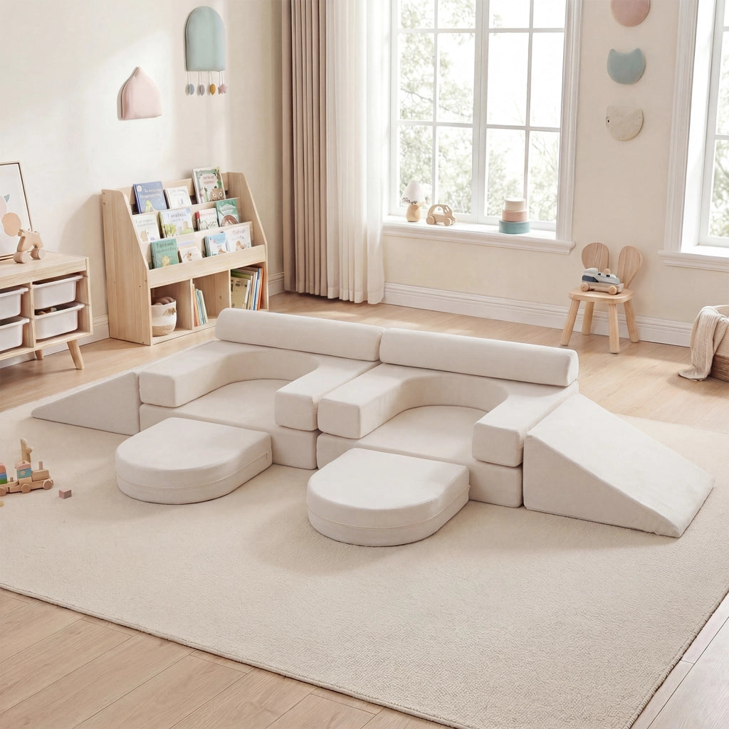 Divano da gioco per bambini trasformabile tessuto suede e schiuma ad alta elasticit¨¤, Poltrona modulare a 10 pezzi Beige