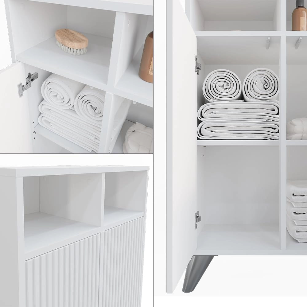 Mobiletto midi Leano, Bianco, 60 x 97 cm con 2 porte, adatto per la conservazione di articoli da bagno e asciugamani