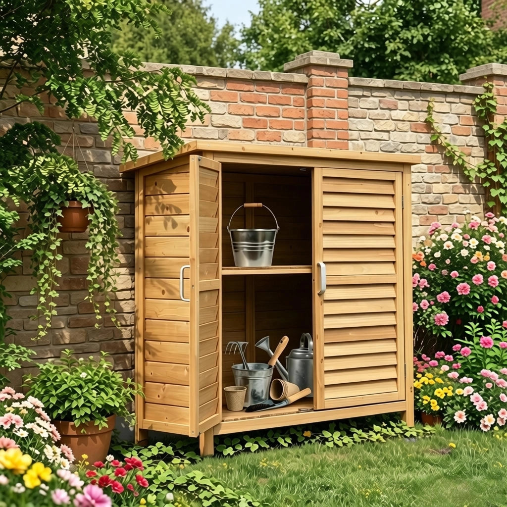 Armadio Da Giardino In Legno Giallo 87 X 46,5 X 96,5 Cm Con Ripiano E Doppia Porta Per Esterni E Interni
