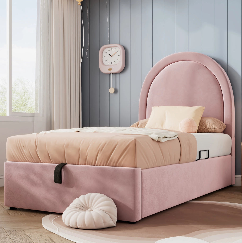 Letto imbottito rosa 90x190 cm con contenitore e testiera ad arco