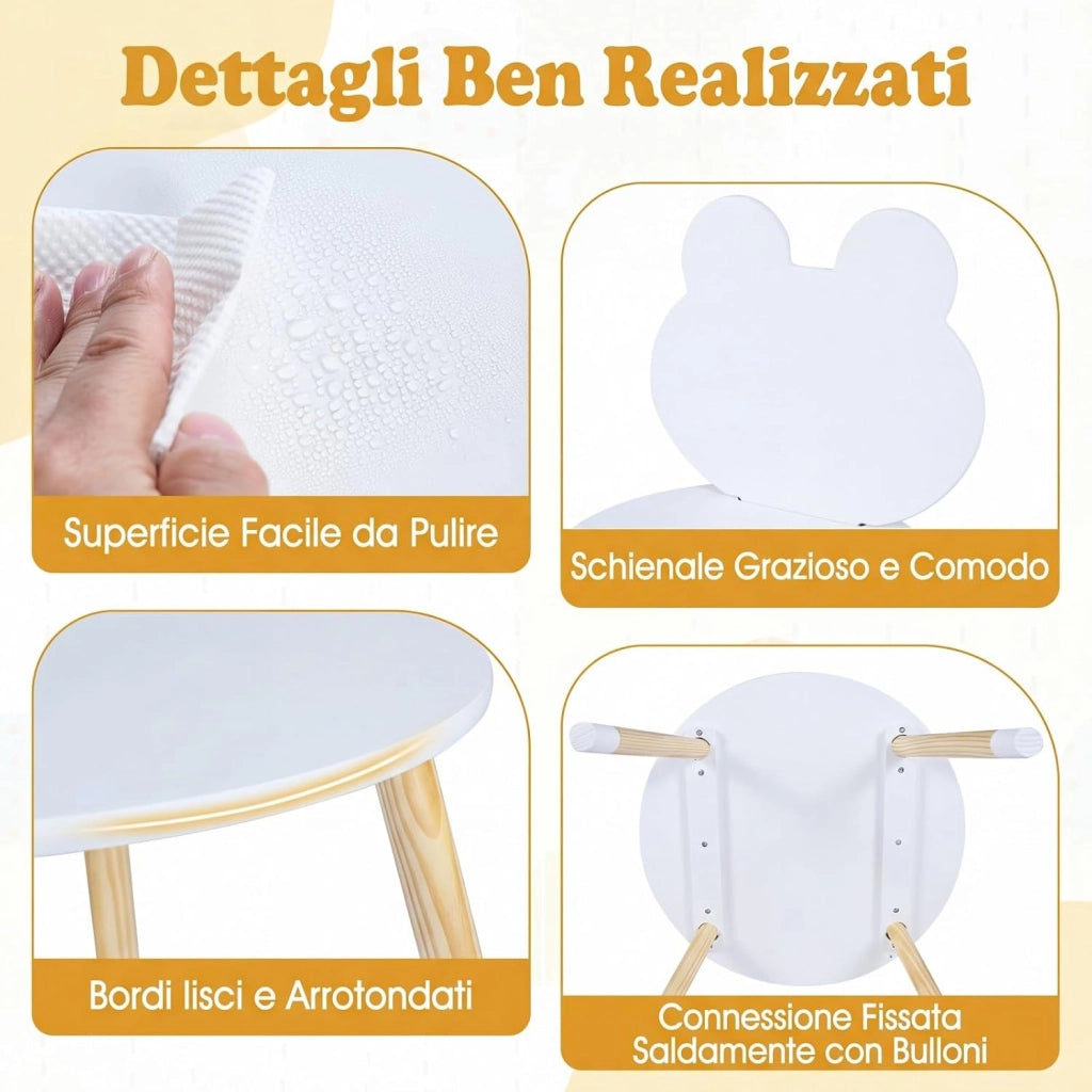 Set Tavolo e Sedie per Bambini, Tavolino e 2 Sedie a Forma di Rana con Gambe in Legno e Angoli Arrotondati, Set Mobili Salvaspazio per Bambini 3+ Anni per Cameretta Ragazzi (Bianco)